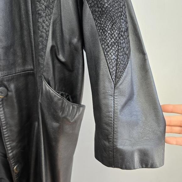 Vintage 80s Pelle Long Leather Jacker Trench Coat Duster Patterned Black Women M - Picture 5 of 13